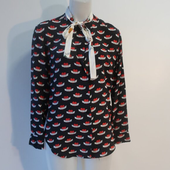 Sandro Paris Maika Multi(Item- 22) Pure Silk Tattoo Love Heart Tie Neck Blouse 2 - Picture 7 of 13